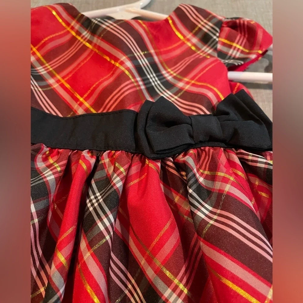 Infant Holiday Red Plaid Dress with Black Bow